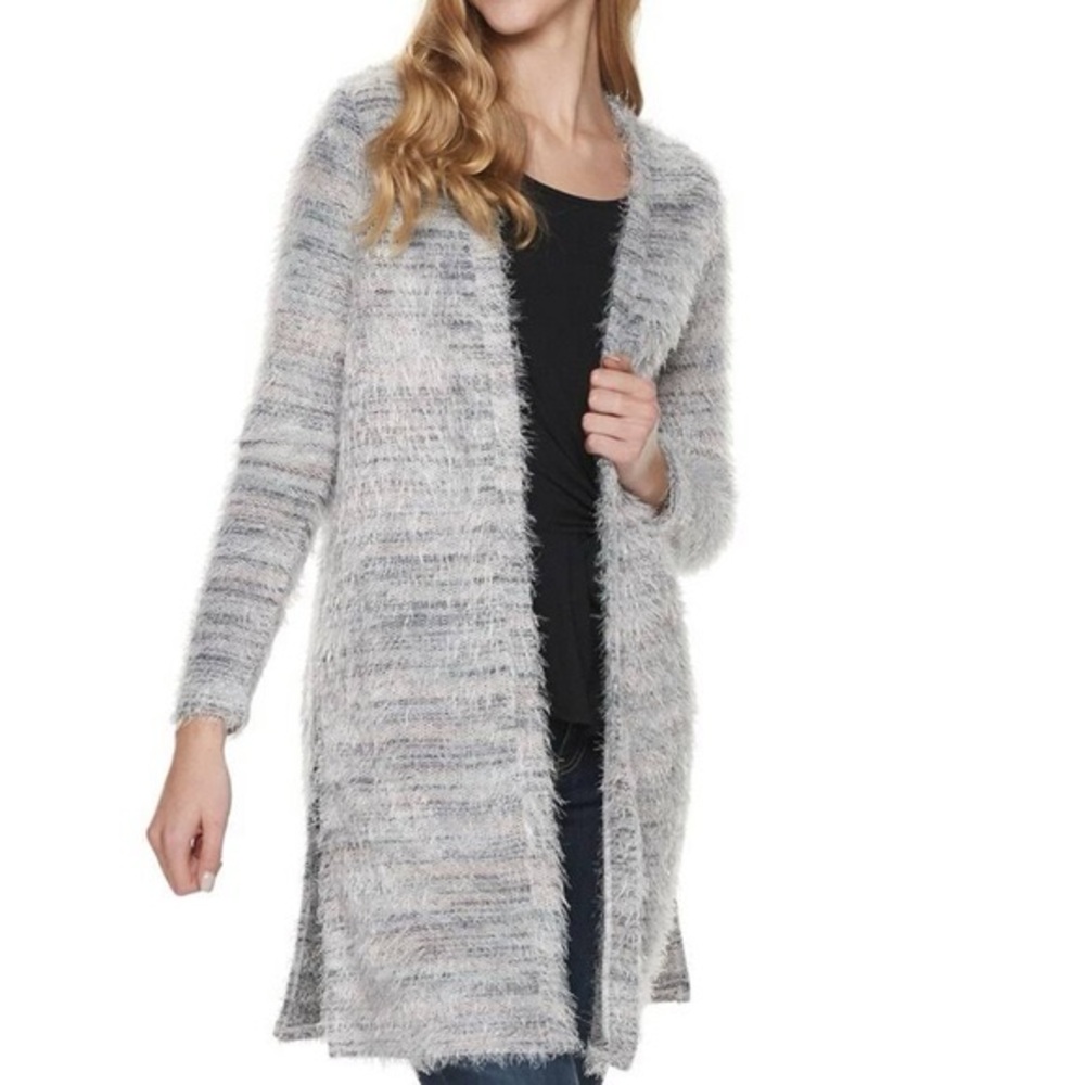 Candie’s Fuzzy Open Front Cardigan Grey and Black– Size Medium